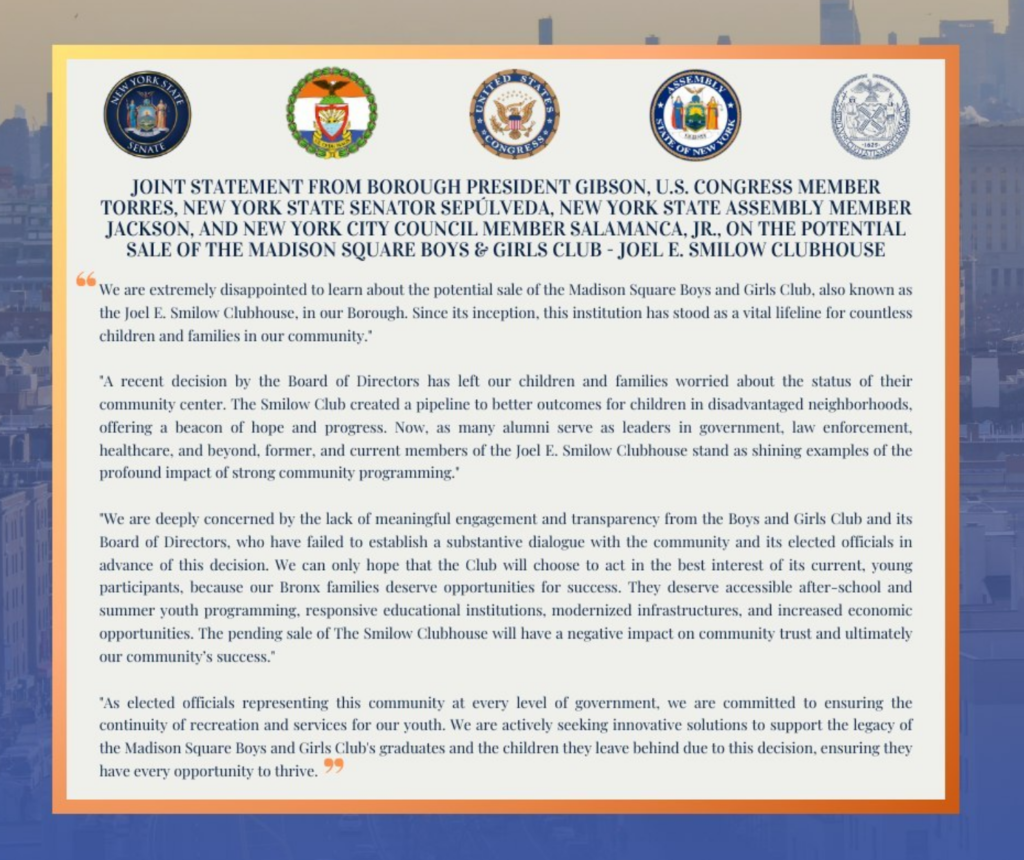 Joint Statement from Bronx Reps on Joel E. Smilow Closure and Sale